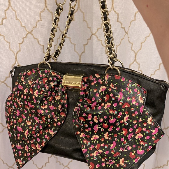🌹Betsy Johnson pink floral bow shoulder / hand bag vintage black oversized - Picture 16 of 16
